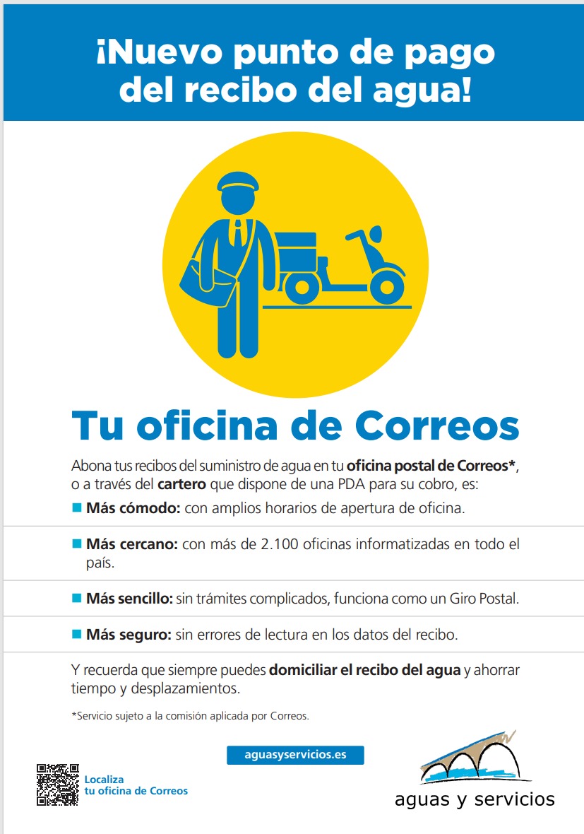 Aguas y Servicios de la Costa Tropical facilita el pago de recibos a travs de Correos en ms de 2100 oficinas. 